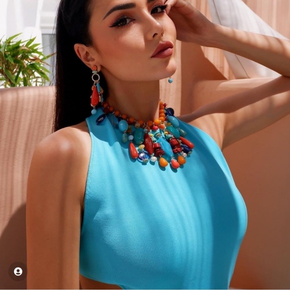 ZARA Turquoise Blue Bandage Knit Cross Open Back Midi Maxi Dress - Picture 13 of 17